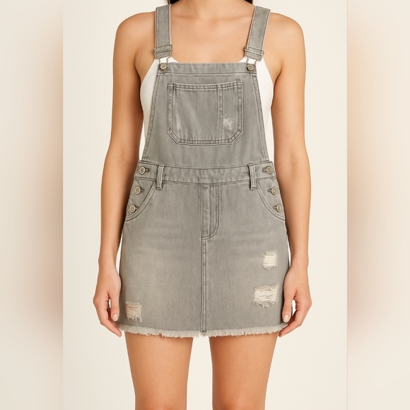 POL Gray Distressed Denim Overall Skirt Jumper Dress Small Frayed Hem Casual - Picture 1 of 12
